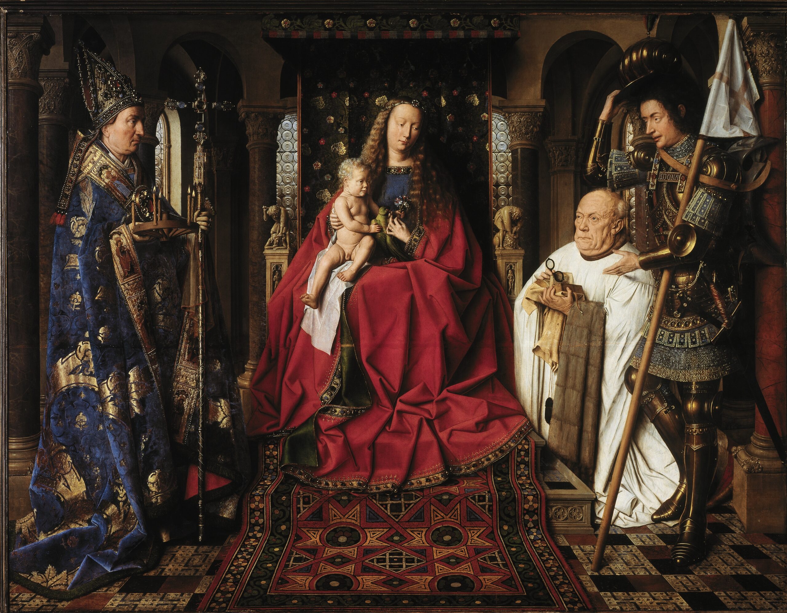 Virgin and Child with Canon van der Paele, c. 1434–1436. Groeningemuseum, Bruges. Van Eyck's Marian paintings are suffused with iconographic detail.