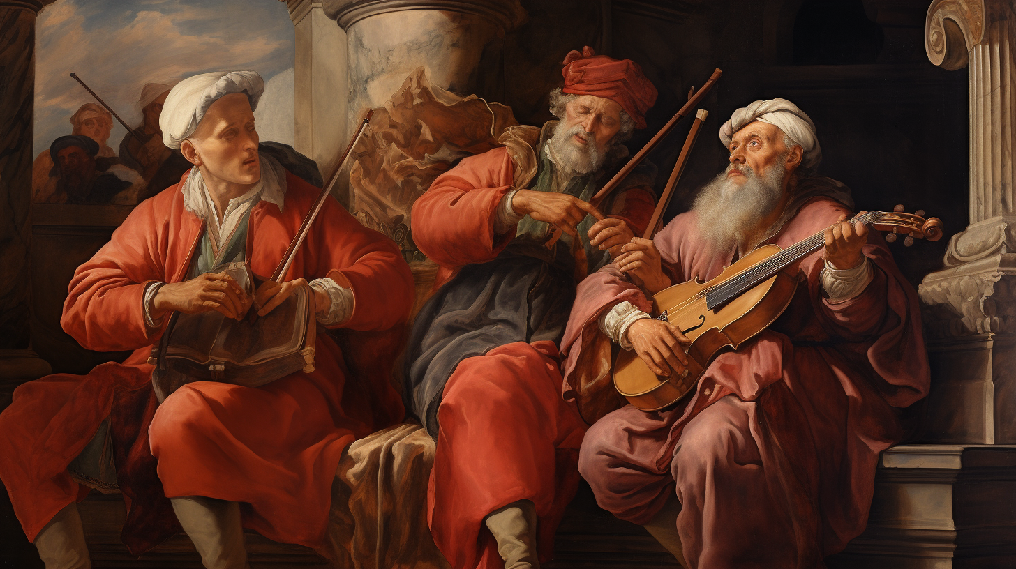 Three man playing instruments two violins